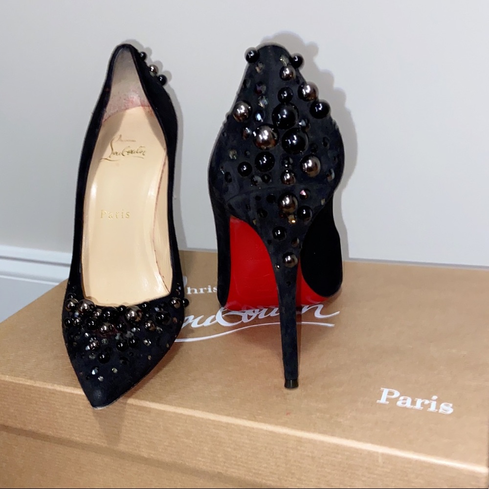 Christian Louboutins Suede Black Stiletto Style Pump sz37 Dainty Embellishments
